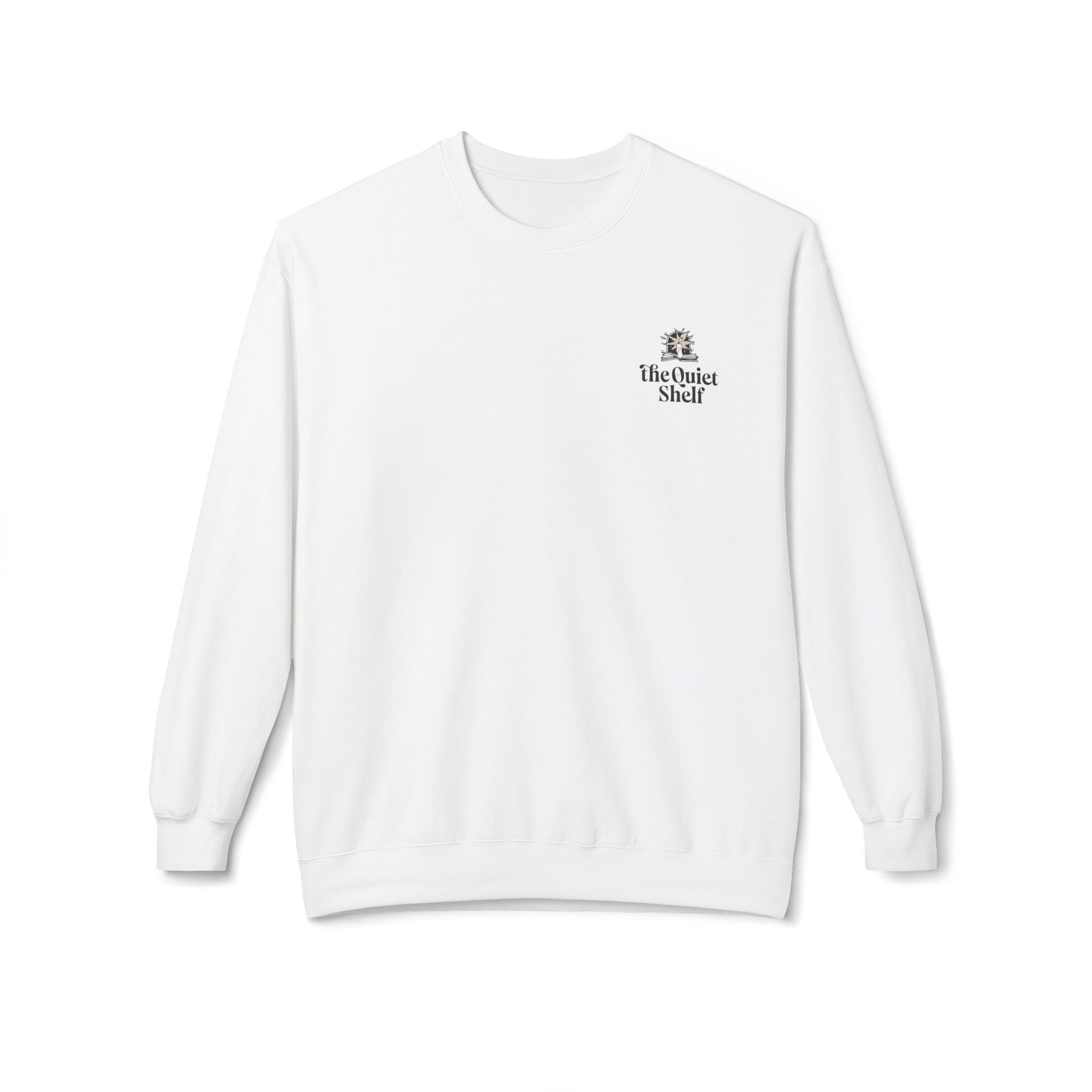 A white crewneck sweatshirt with 'The Quiet Shelf' logo on the upper left front.