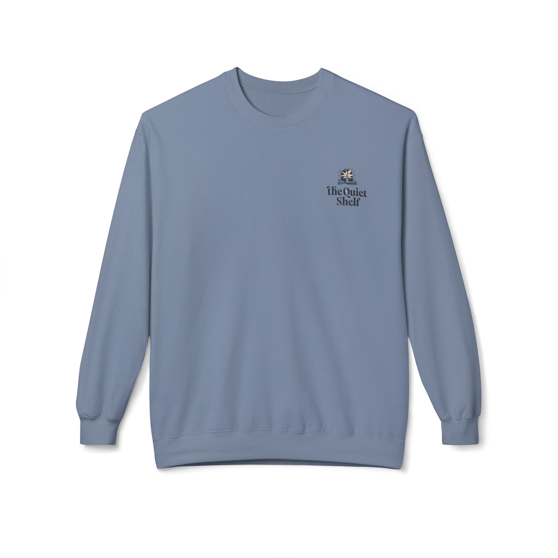 A blue crewneck sweatshirt with 'The Quiet Shelf' logo on the upper left front.