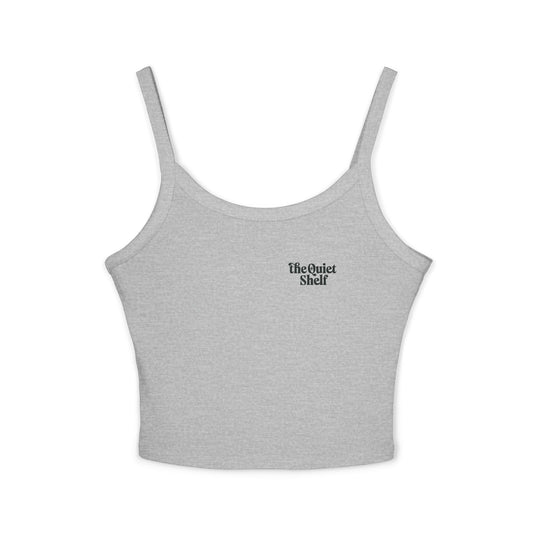 A gray cotton cami tank top with spaghetti straps and The Quiet Shelf's Luminance logo on the left chest area.