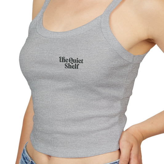 Gray tank top with 'the Quiet Shelf' logo on a white background