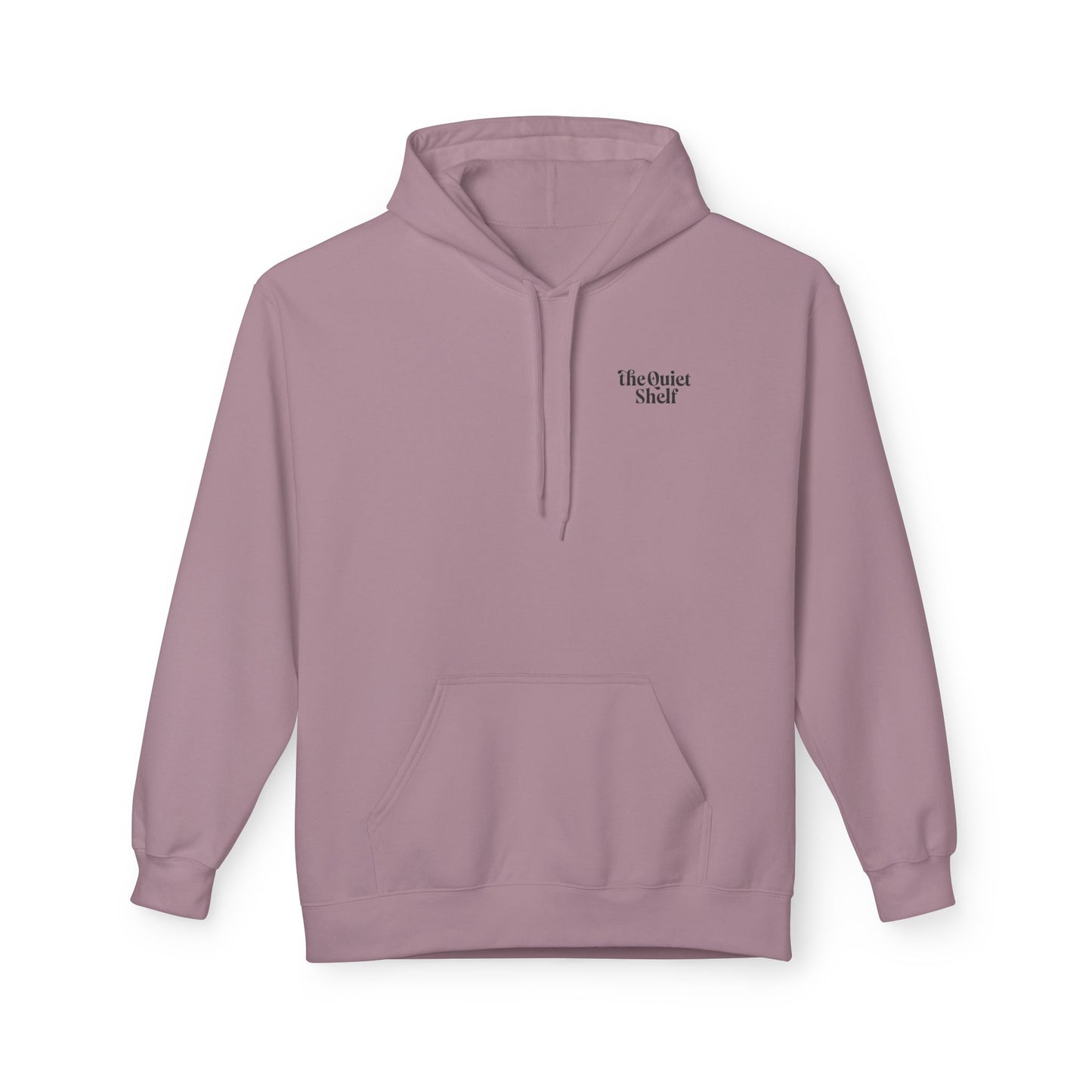 A purple hoodie with a front pouch pocket and ribbed cuffs, featuring the 'Quiet Shelf Luminance' logo on the upper left side.