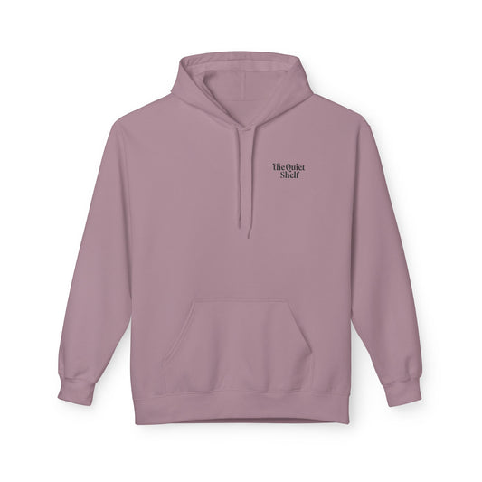 A purple hoodie with a front pouch pocket and ribbed cuffs, featuring the 'Quiet Shelf Luminance' logo on the upper left side.