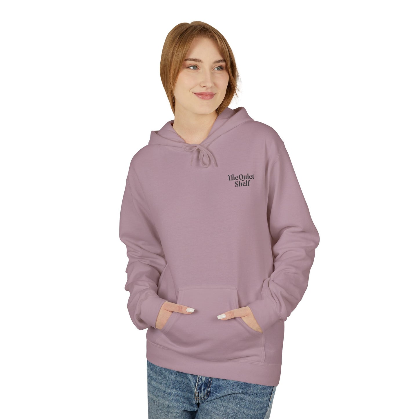 Person wearing a purple hoodie with text on a white background