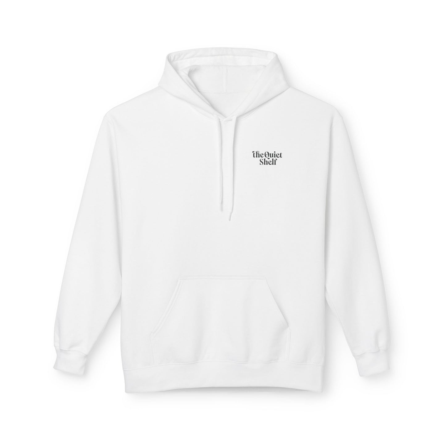 A white hoodie with a front pouch pocket and ribbed cuffs, featuring the 'Quiet Shelf Luminance' logo on the upper left side.