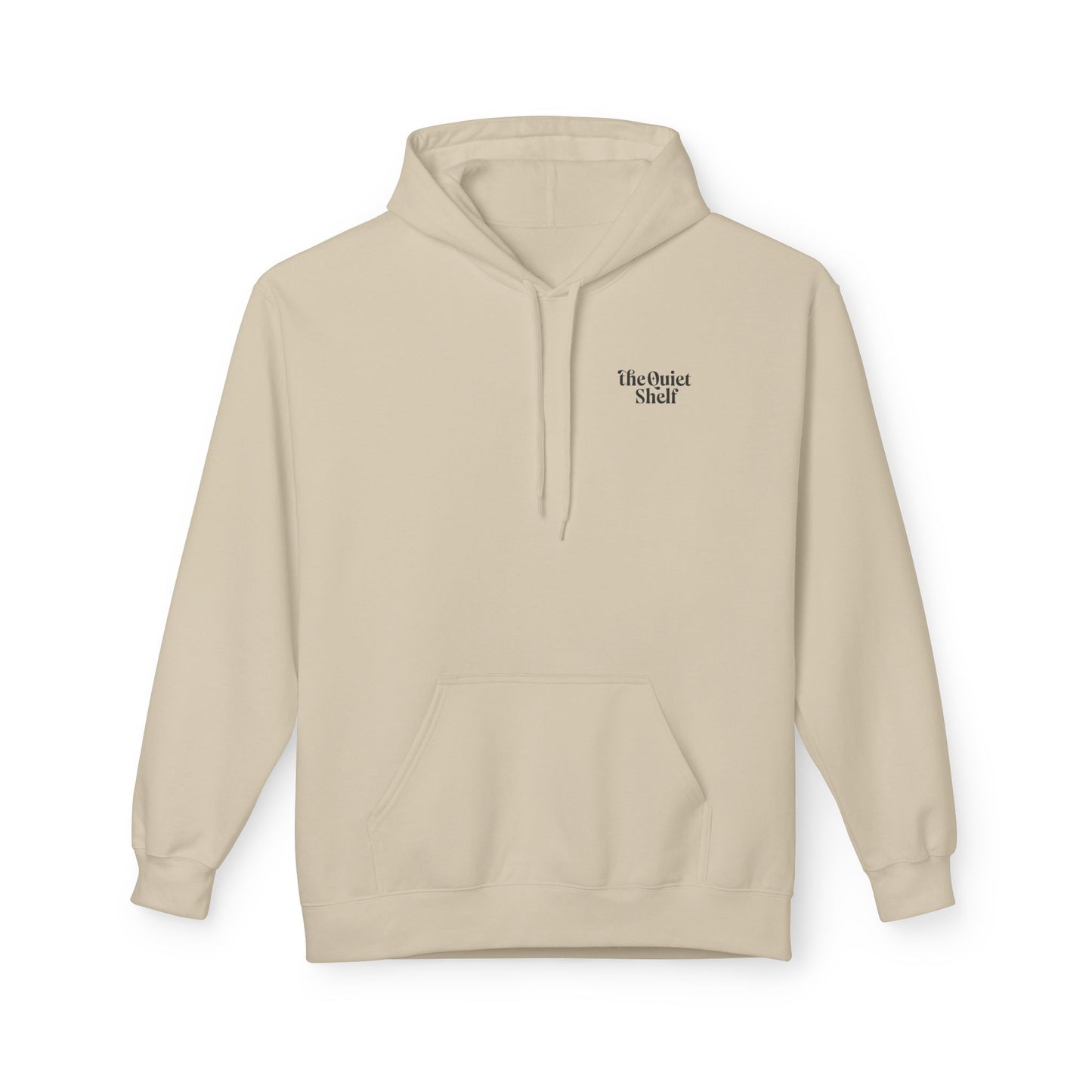 A beige hoodie with a front pouch pocket and ribbed cuffs, featuring the 'Quiet Shelf Luminance' logo on the upper left side.