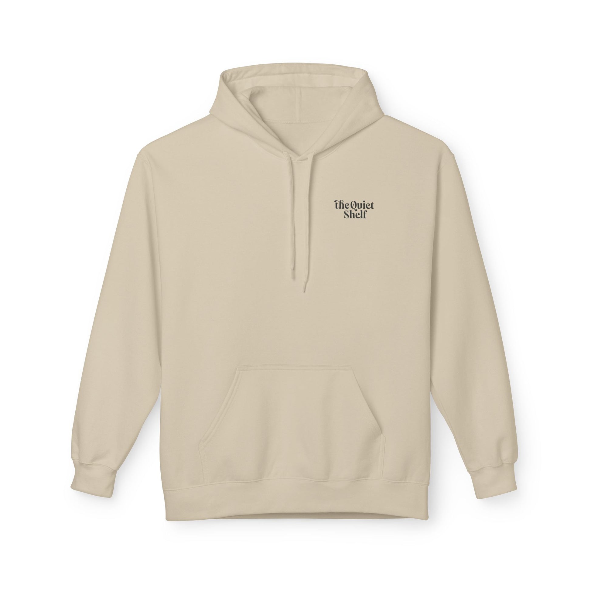 A beige hoodie with a front pouch pocket and ribbed cuffs, featuring the 'Quiet Shelf Luminance' logo on the upper left side.