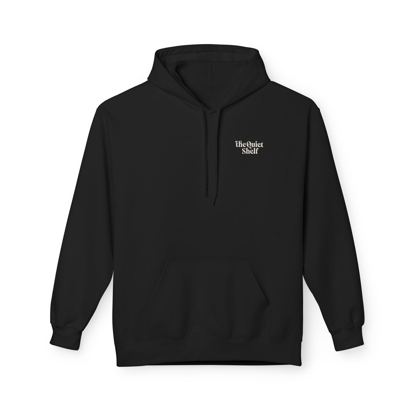 A black hoodie with a front pouch pocket and ribbed cuffs, featuring the 'Quiet Shelf Luminance' logo on the upper left side.