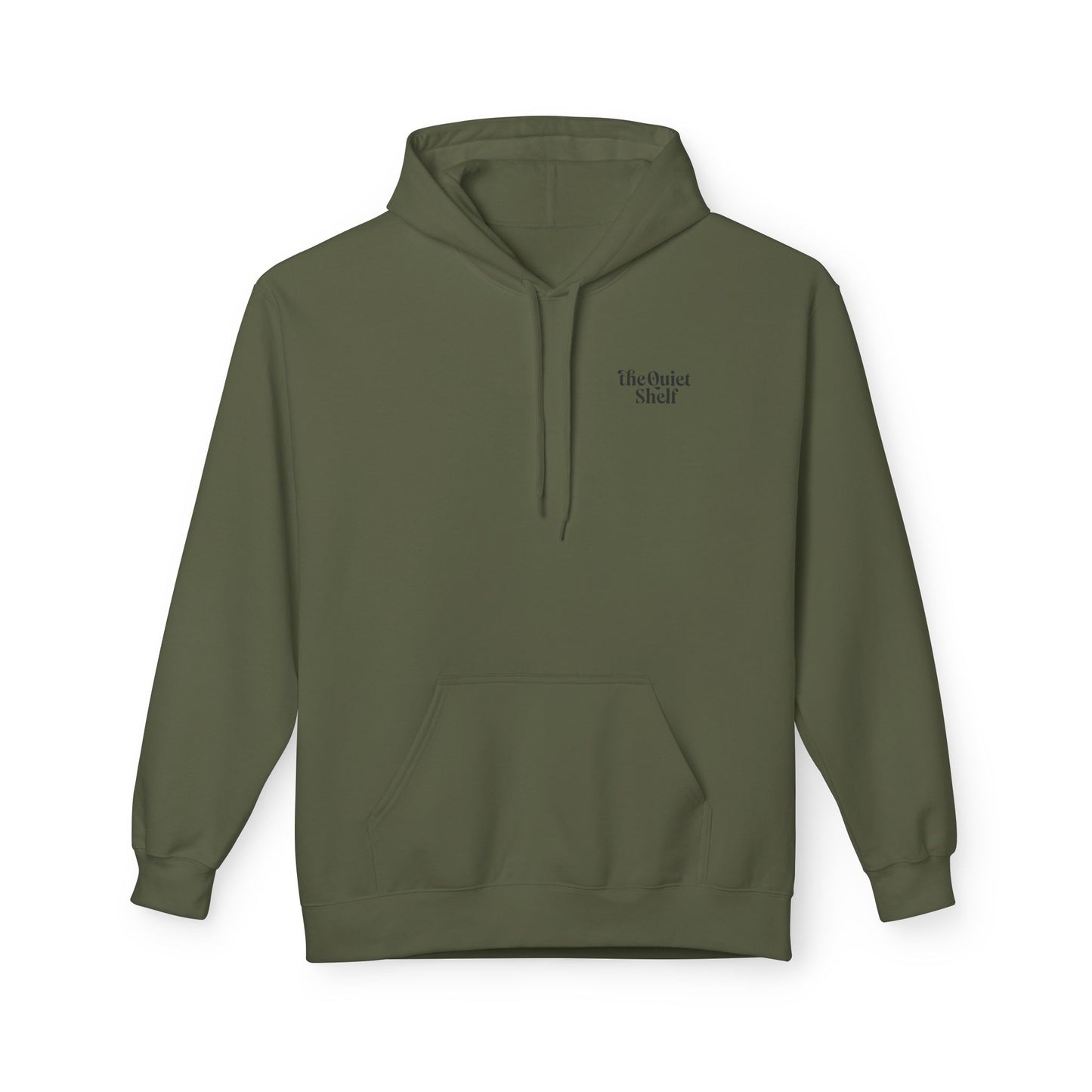 A green hoodie with a front pouch pocket and ribbed cuffs, featuring the 'Quiet Shelf Luminance' logo on the upper left side.