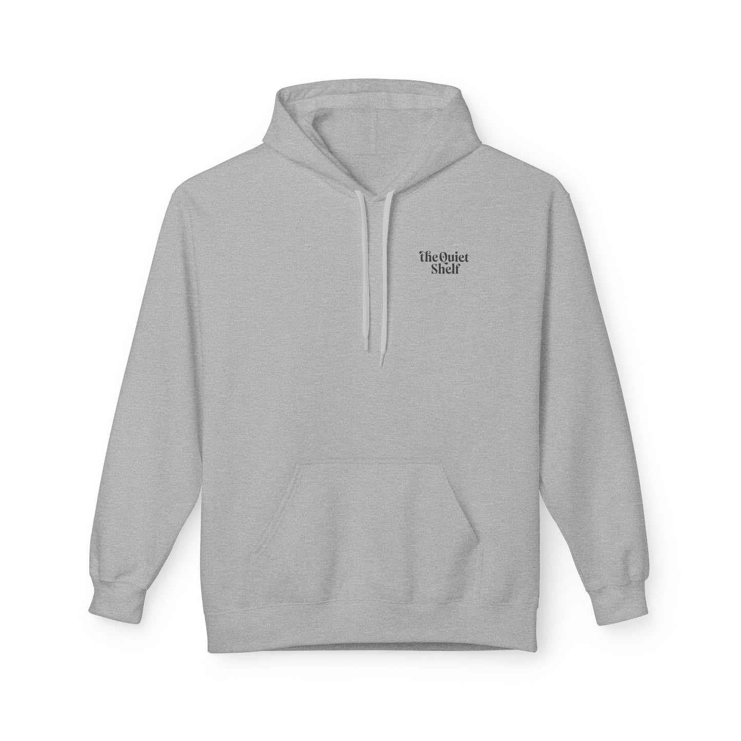 A gray hoodie with a front pouch pocket and ribbed cuffs, featuring the 'Quiet Shelf Luminance' logo on the upper left side.