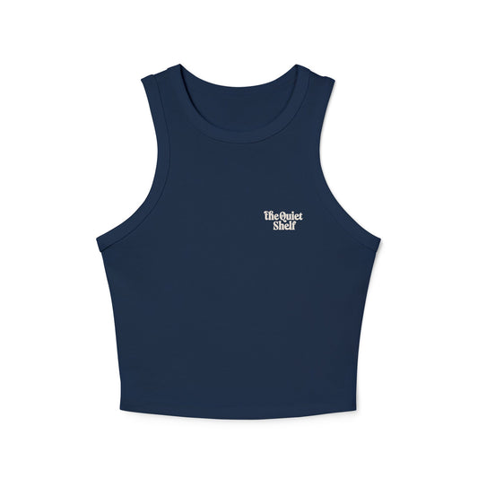 A navy blue racerback tank top with 'The Quiet Shelf' logo printed in white on the chest.