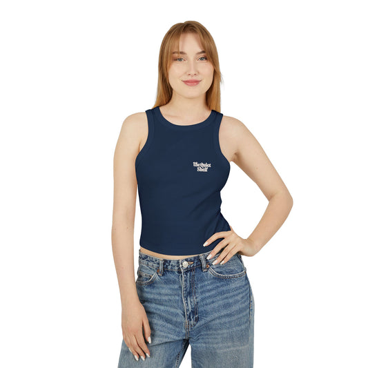 Woman wearing a navy tank top with a logo on a white background