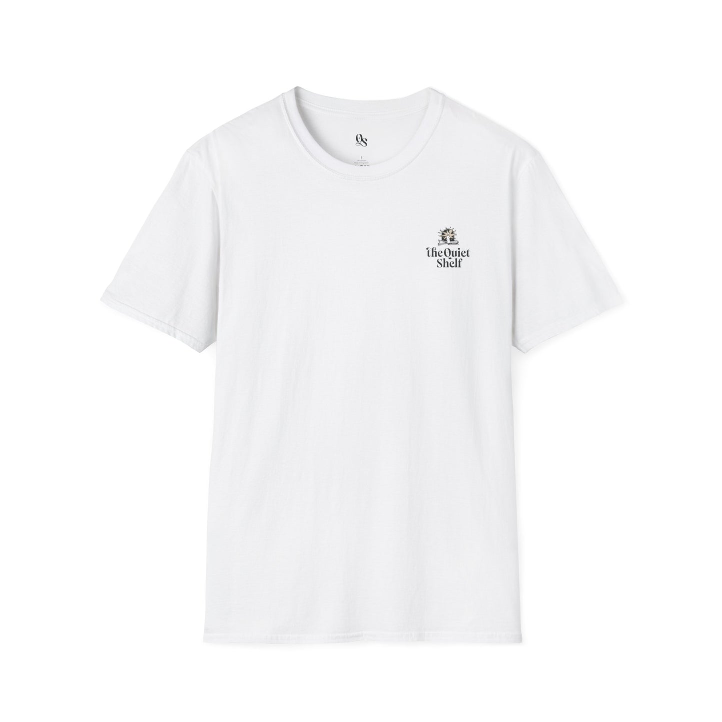 White crew neck t-shirt with a small text logo on the upper left chest area.