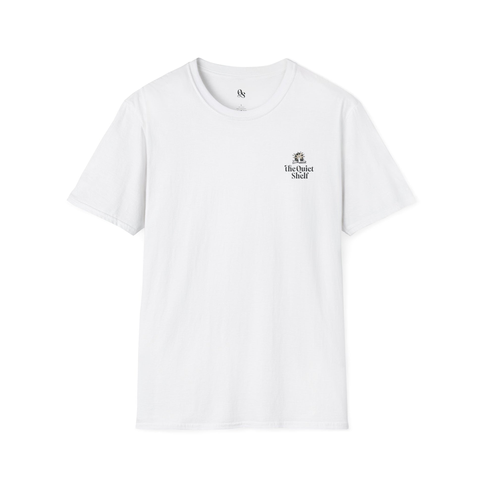 White crew neck t-shirt with a small text logo on the upper left chest area.