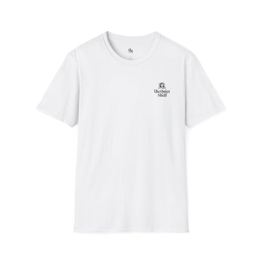 White crew neck t-shirt with a small text logo on the upper left chest area.