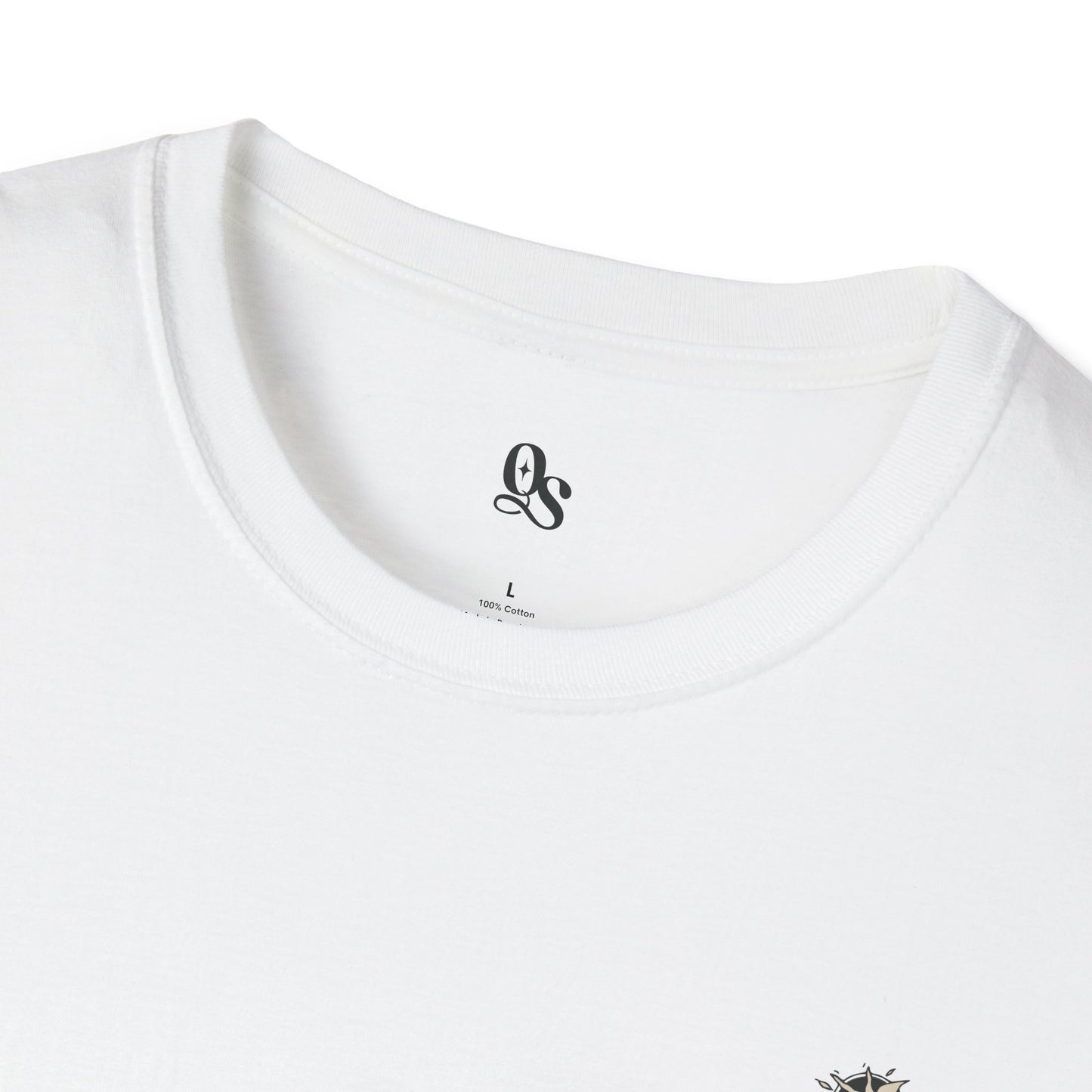 White t-shirt with a logo on the chest against a white background