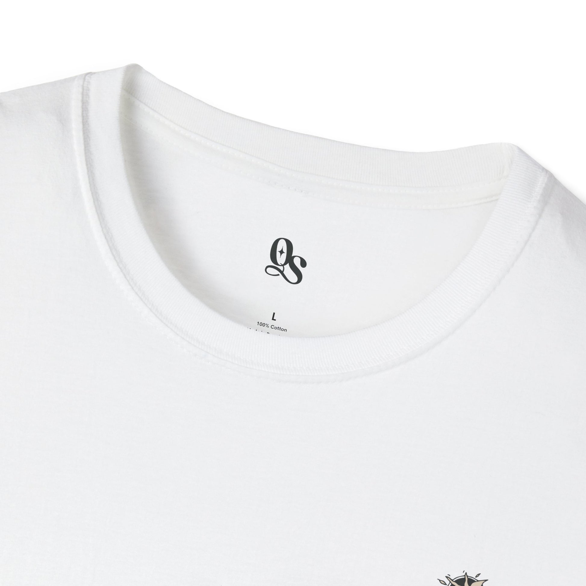 White t-shirt with a logo on the chest against a white background