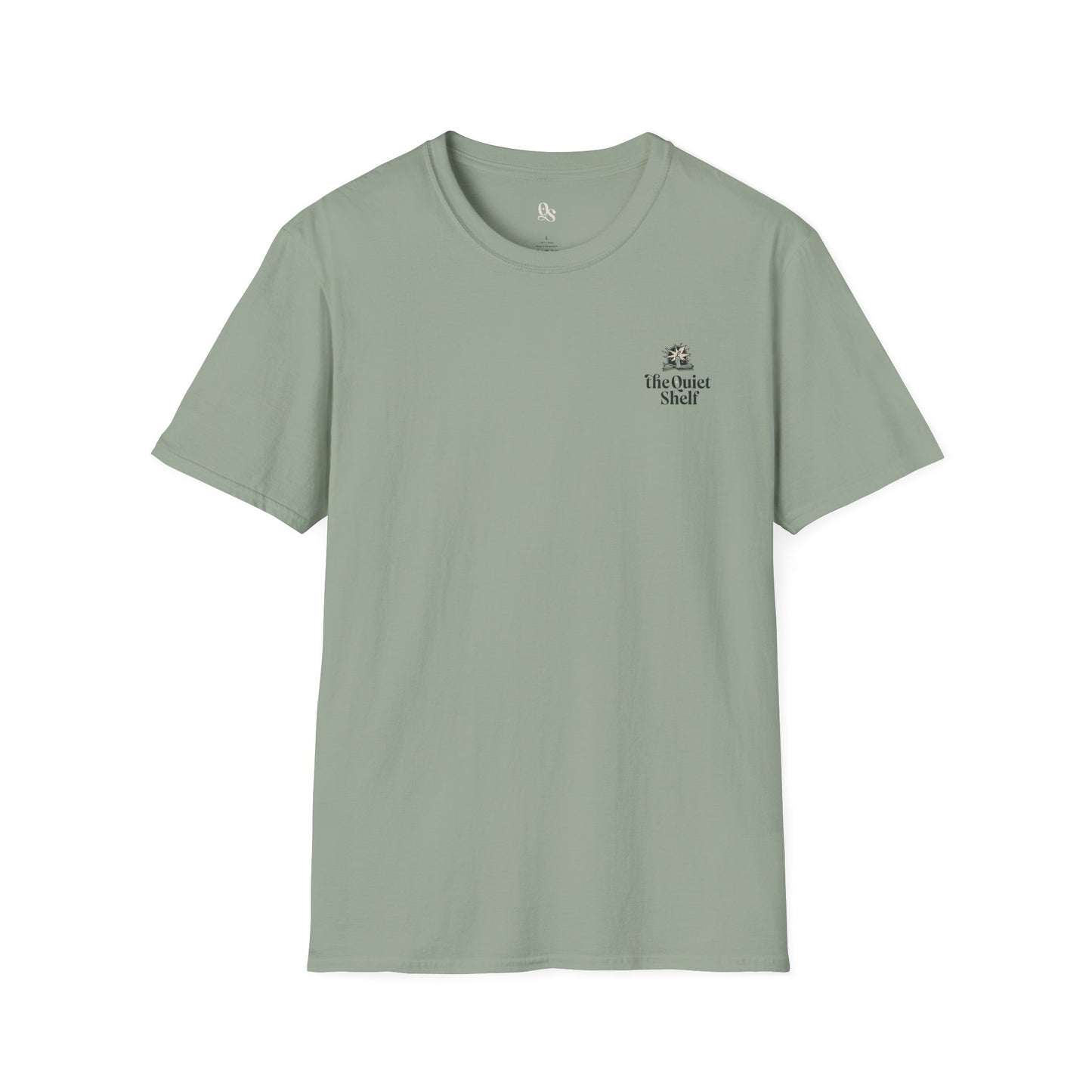 Green crew neck t-shirt with a small text logo on the upper left chest area.