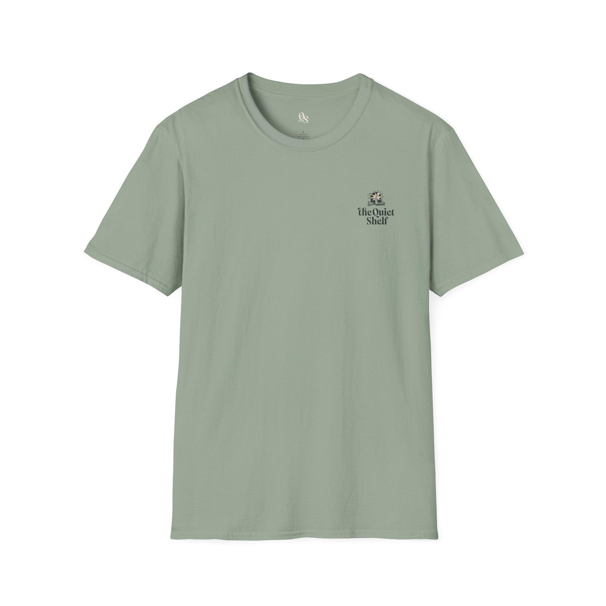 Green crew neck t-shirt with a small text logo on the upper left chest area.