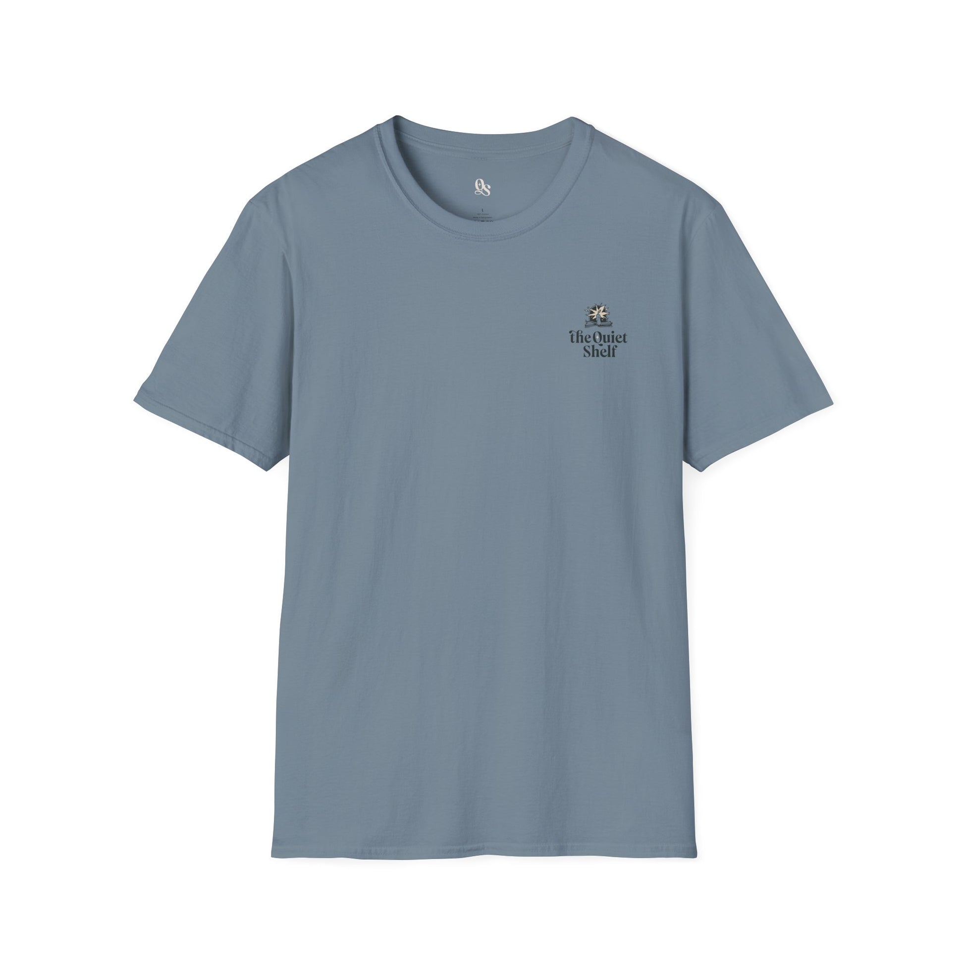 Blue crew neck t-shirt with a small text logo on the upper left chest area.