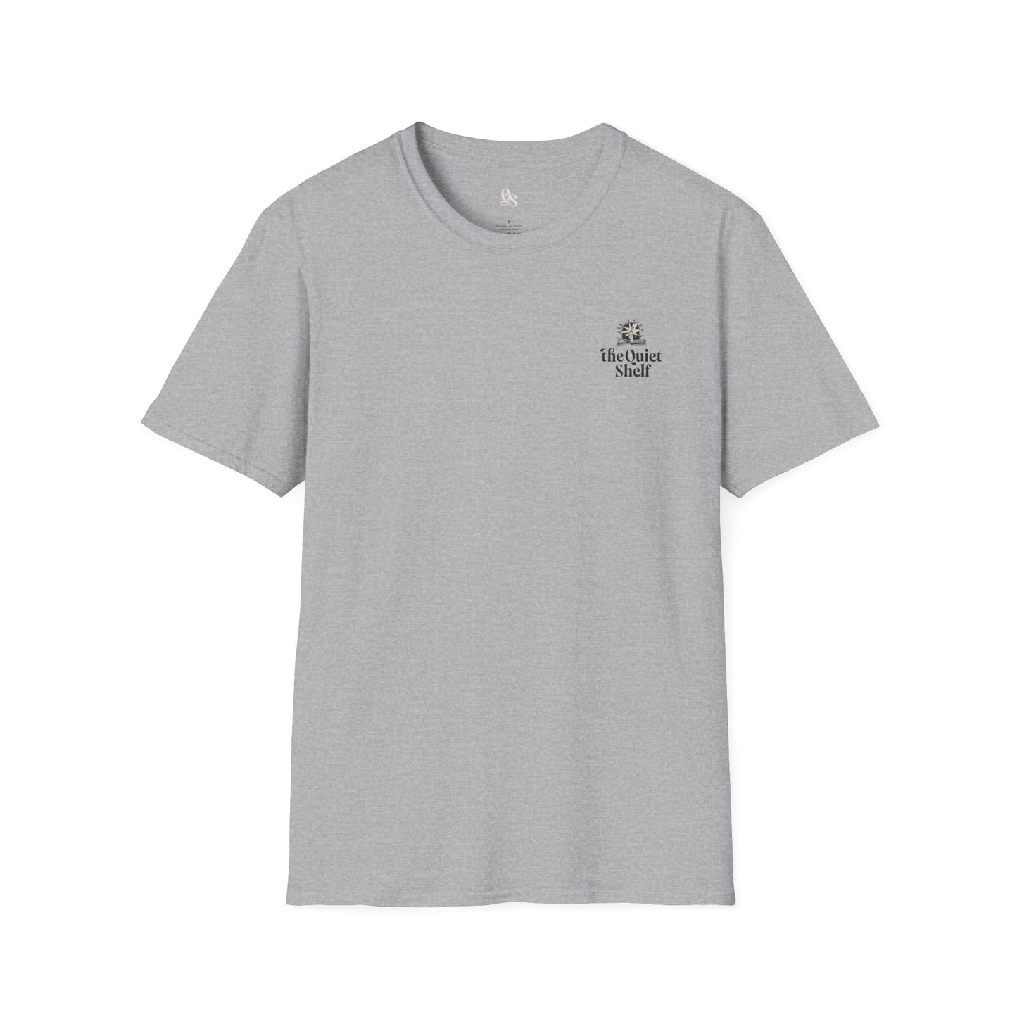 Gray crew neck t-shirt with a small text logo on the upper left chest area.