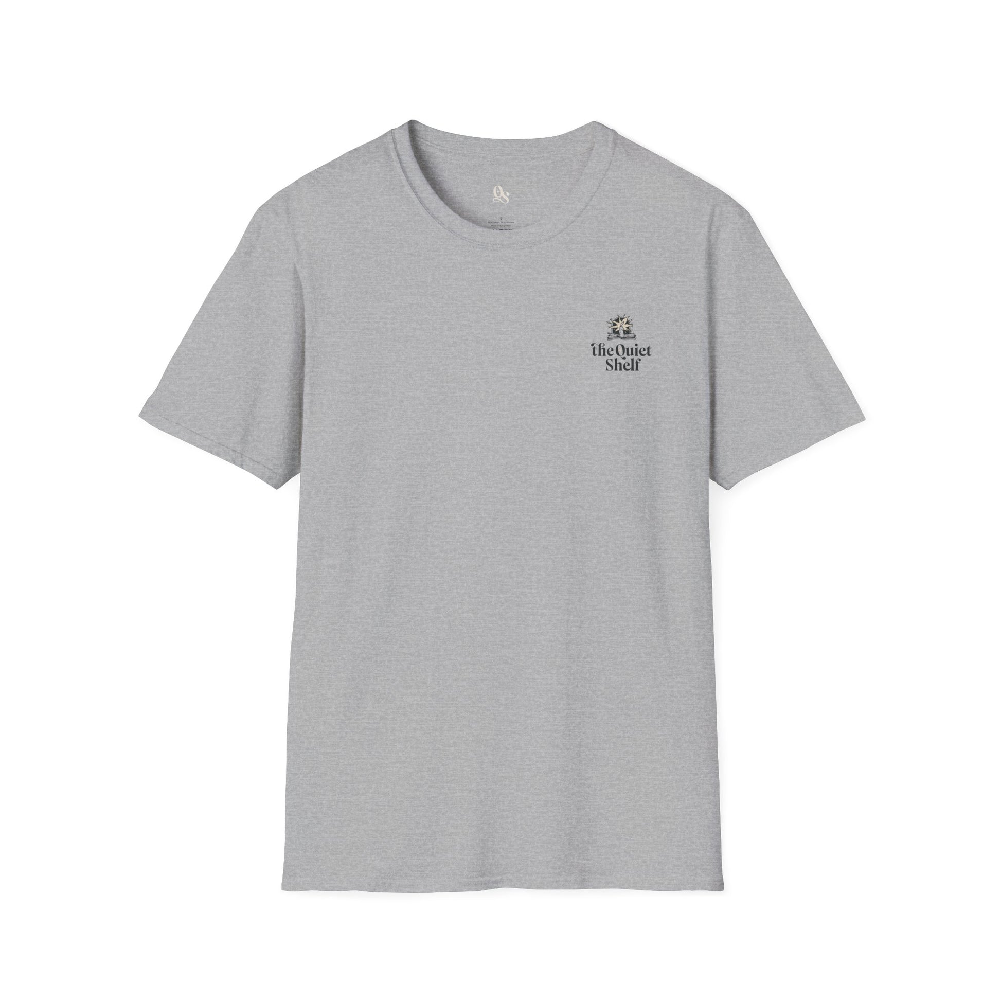 Gray crew neck t-shirt with a small text logo on the upper left chest area.