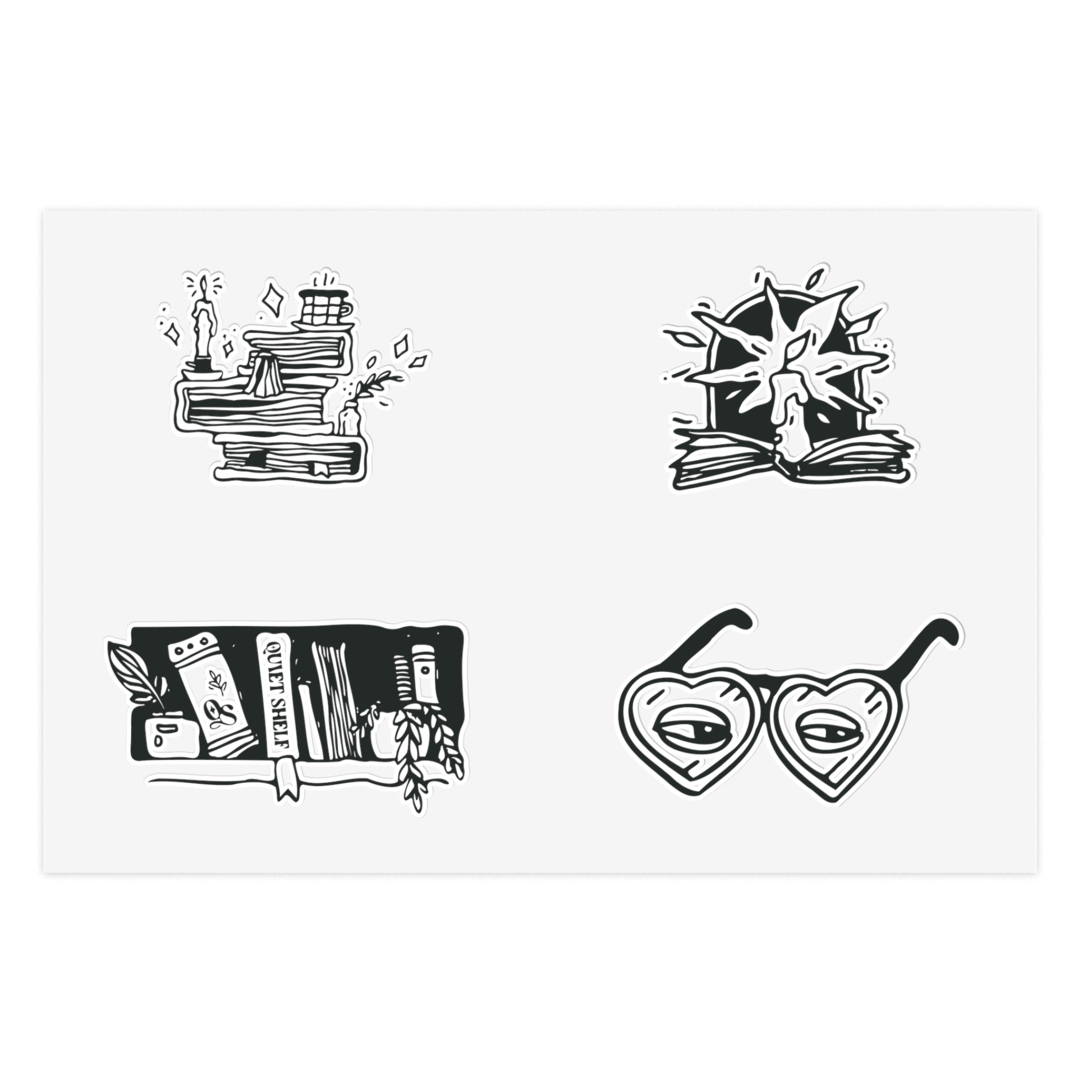 A set of four monochrome vinyl stickers with literary themes, including a stack of books, a book with a candle, a shelf with books, and a pair of heart-shaped glasses.