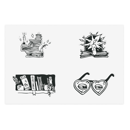 A set of four monochrome vinyl stickers with literary themes, including a stack of books, a book with a candle, a shelf with books, and a pair of heart-shaped glasses.