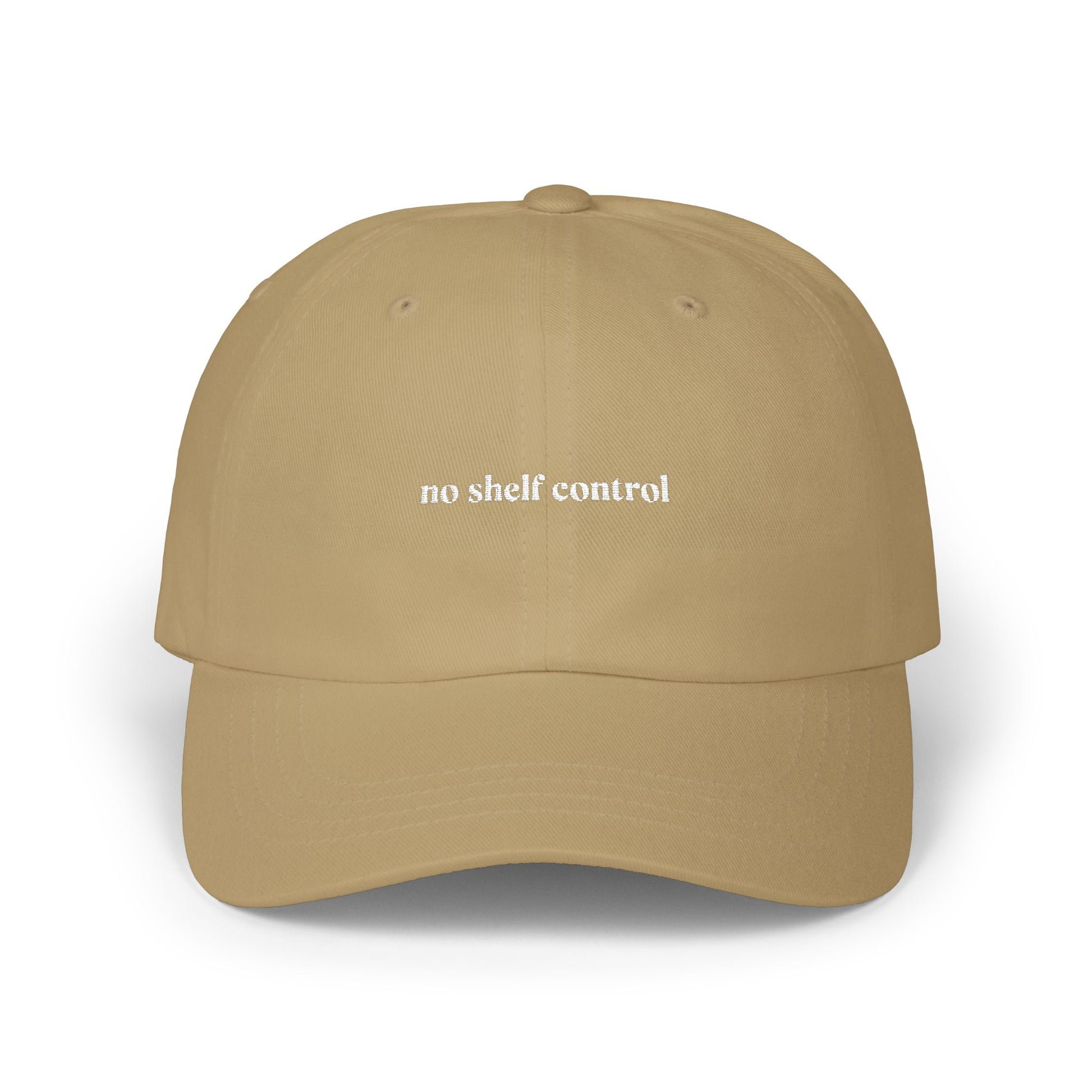 Beige cap with 'no shelf control' text on a white background