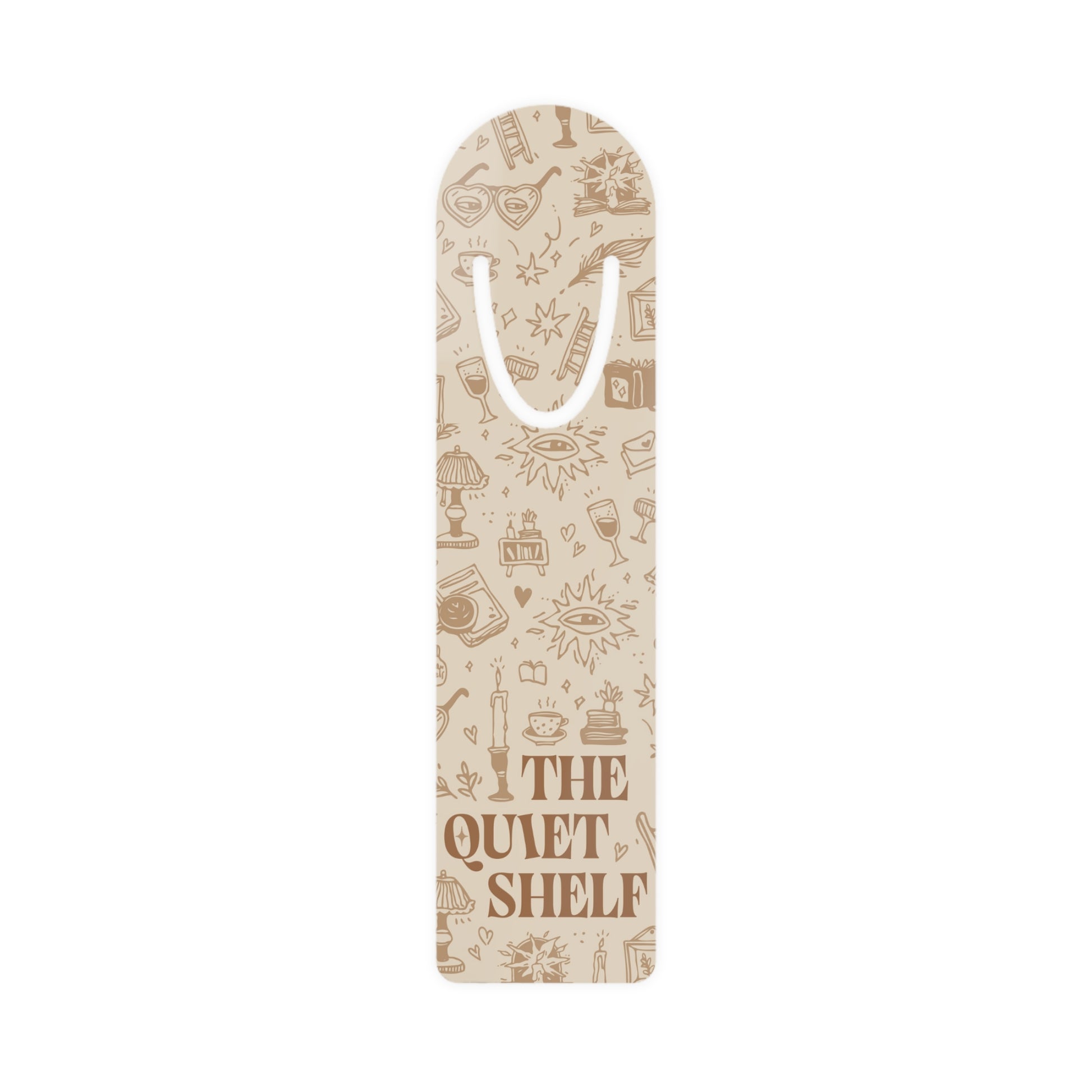 Beige bookmark with 'The Quiet Shelf' text and illustrations on a white background
