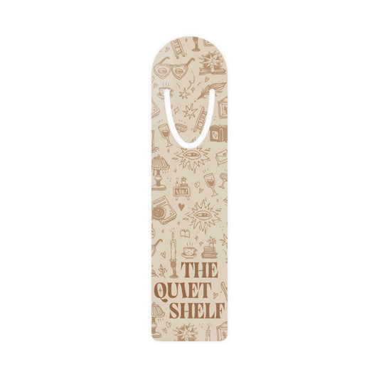Beige bookmark with 'The Quiet Shelf' text and illustrations on a white background