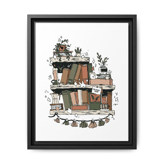 Framed illustration of a bookshelf with books and plants on a white background