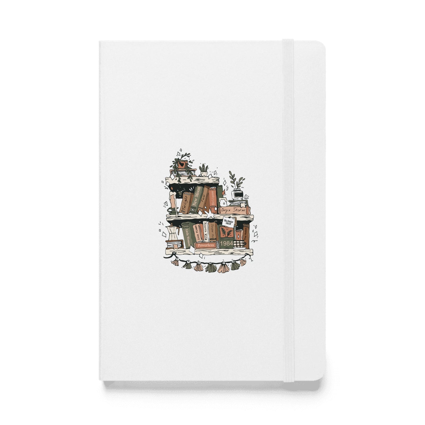 Notebook with a decorative book nook illustration on a white background