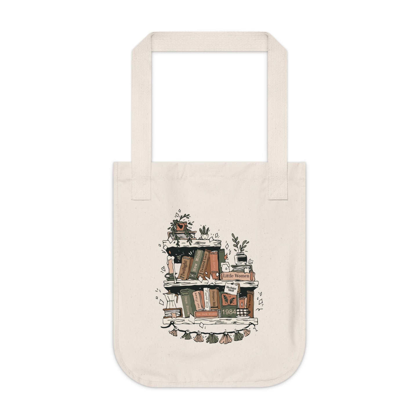 Beige tote bag with a decorative design on a white background