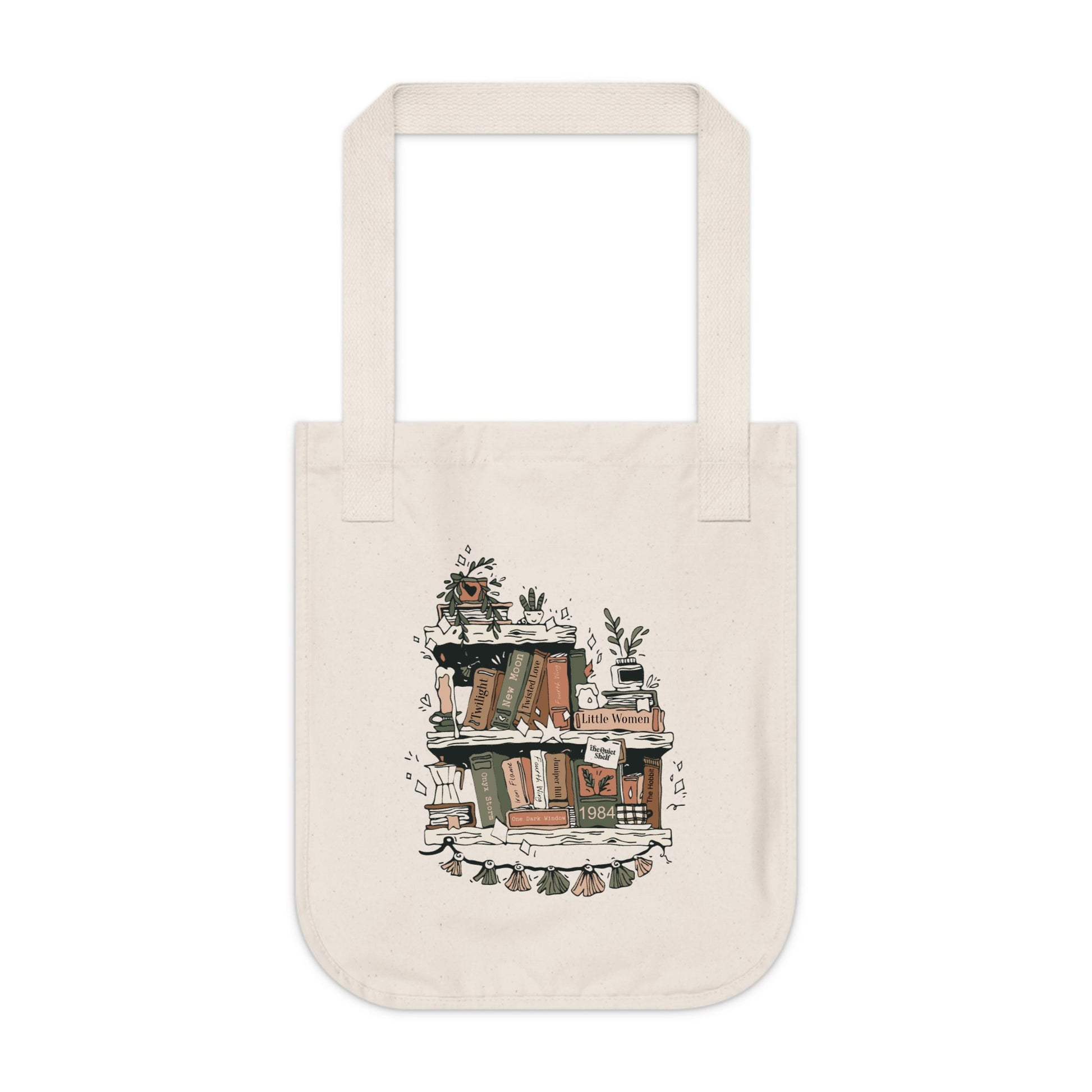 Beige tote bag with a decorative design on a white background