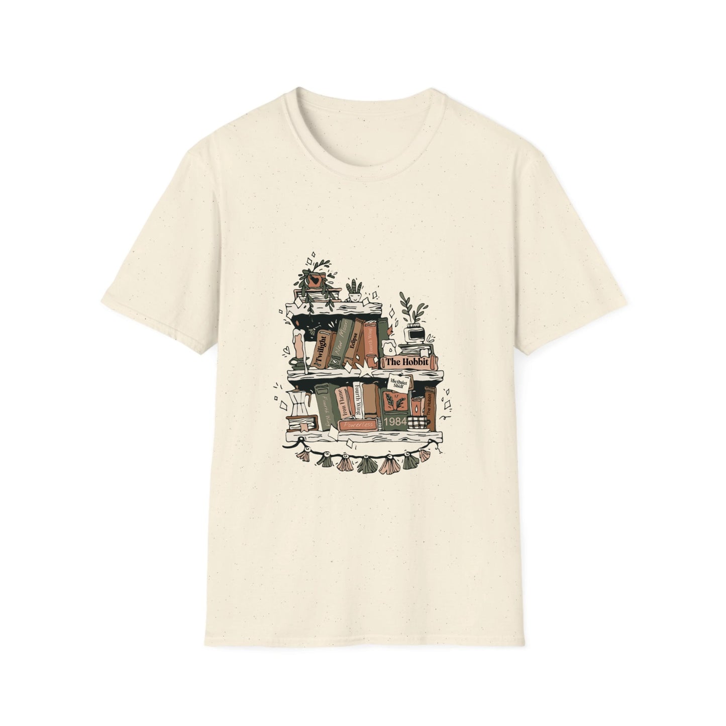 Beige t-shirt with a graphic design of a bookshelf on a white background