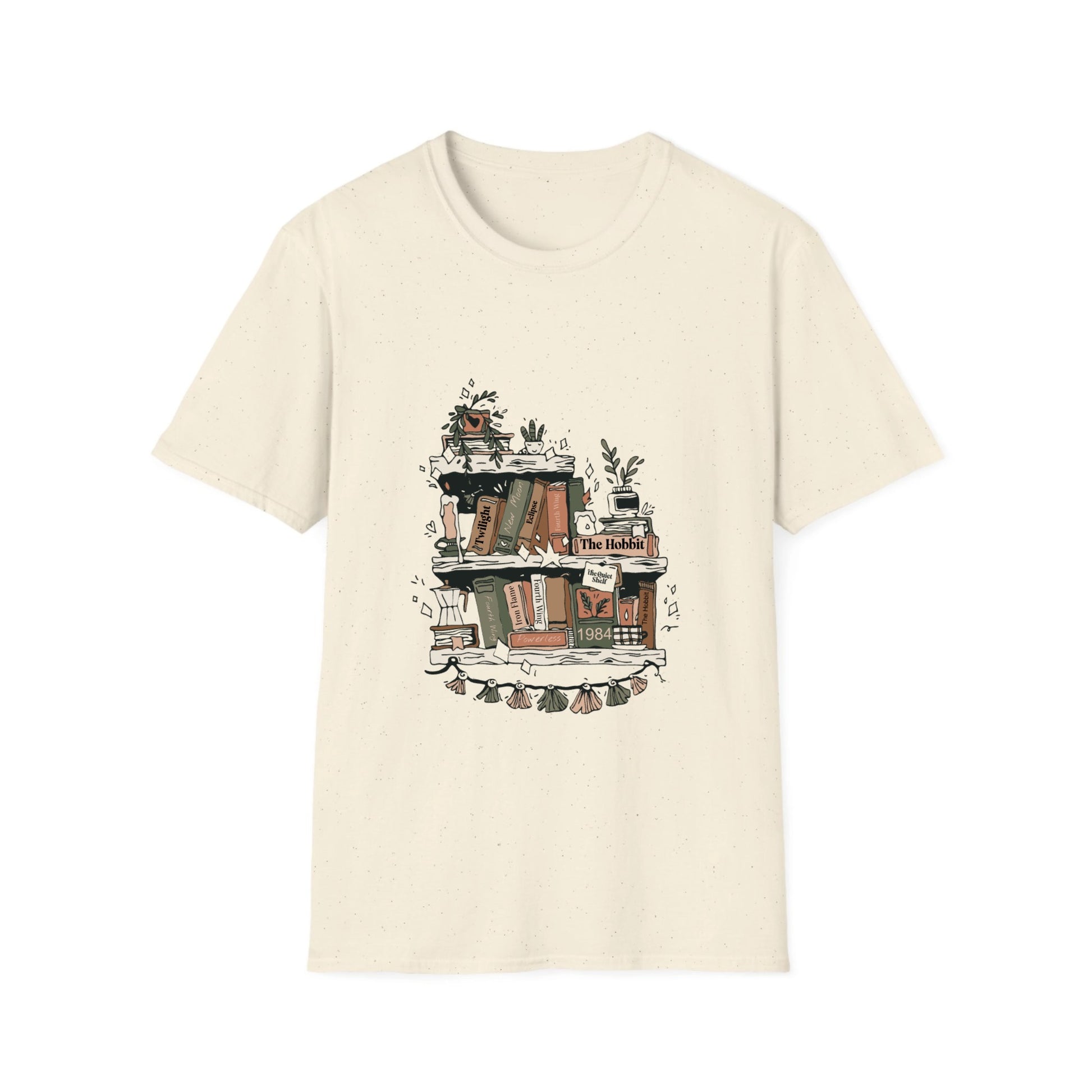 Beige t-shirt with a graphic design of a bookshelf on a white background