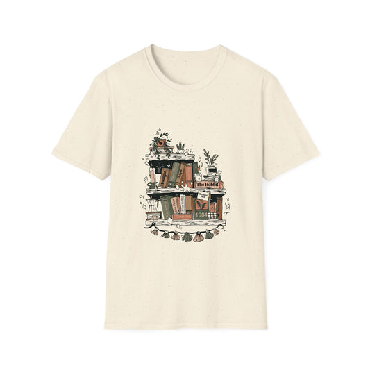 Beige t-shirt with a graphic design of a bookshelf on a white background