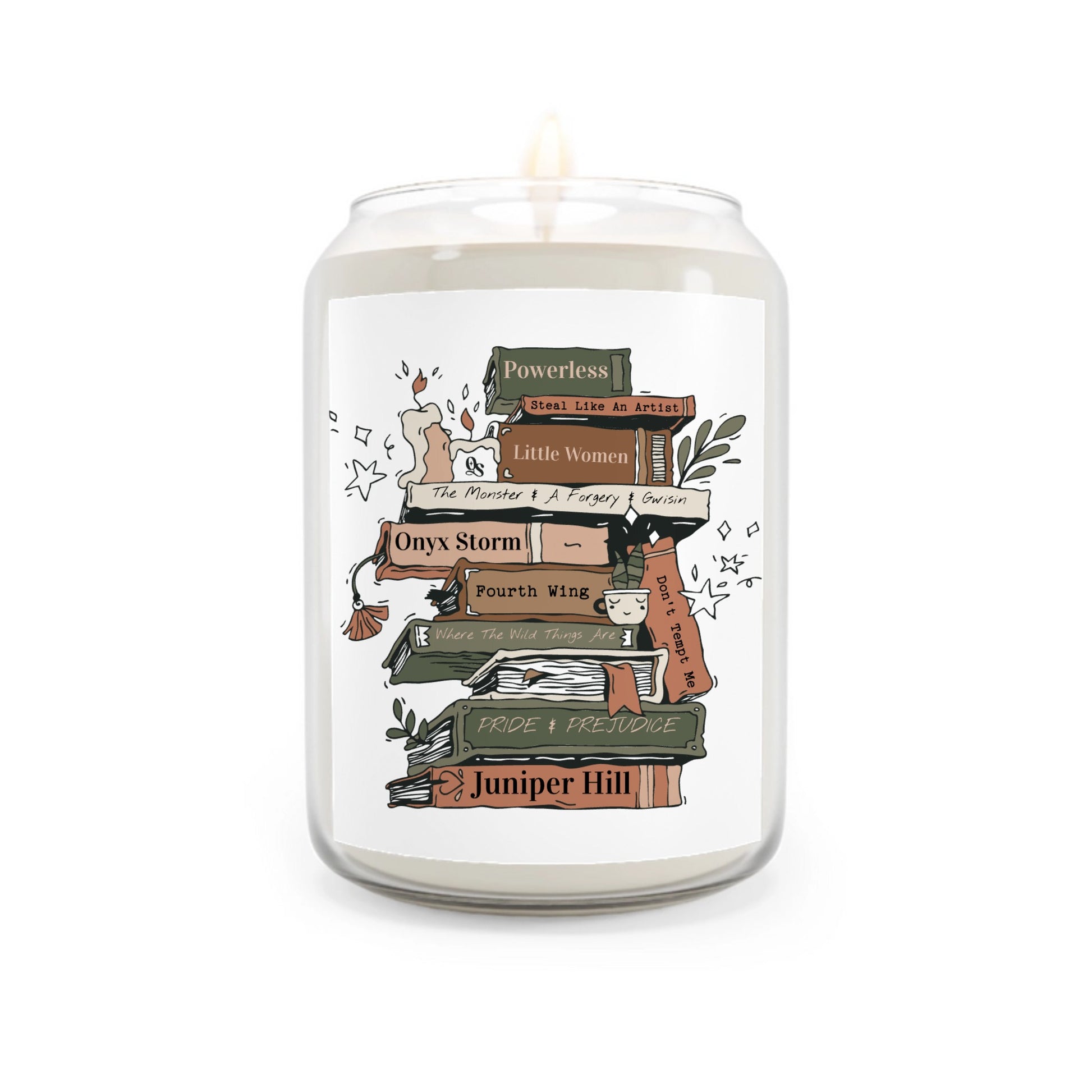 Candle with book-themed design on a white background