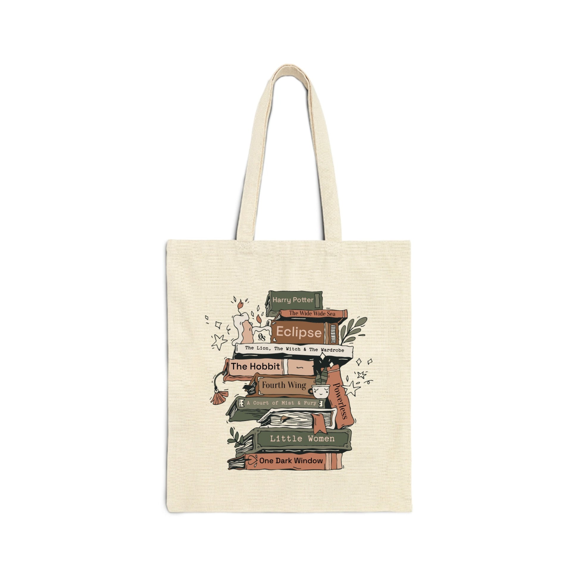 Tote bag with book stack design on a white background