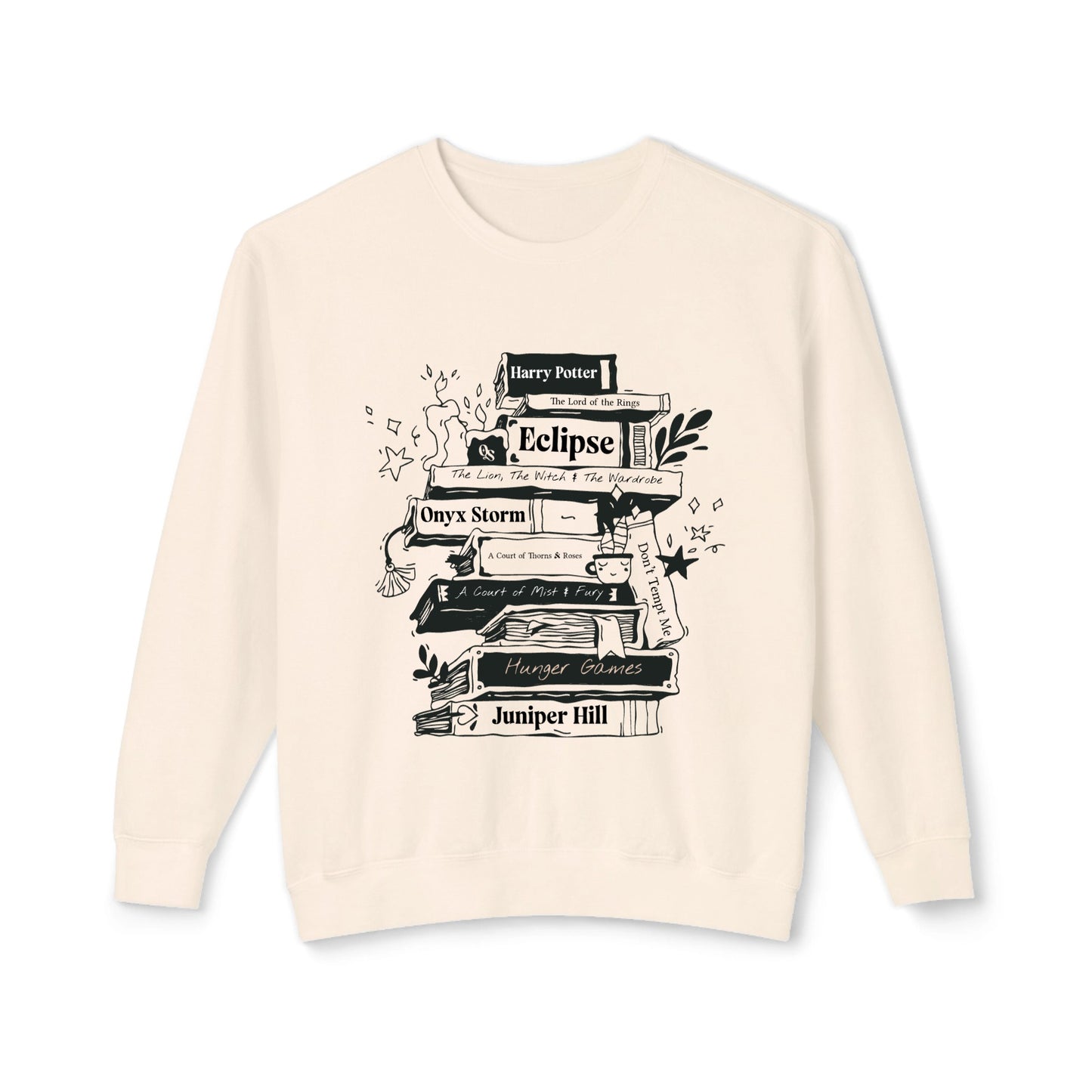 Beige sweatshirt with black book-themed design on a white background