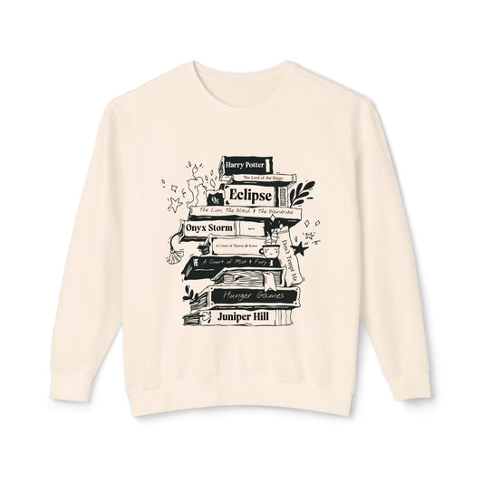 Beige sweatshirt with black book-themed design on a white background