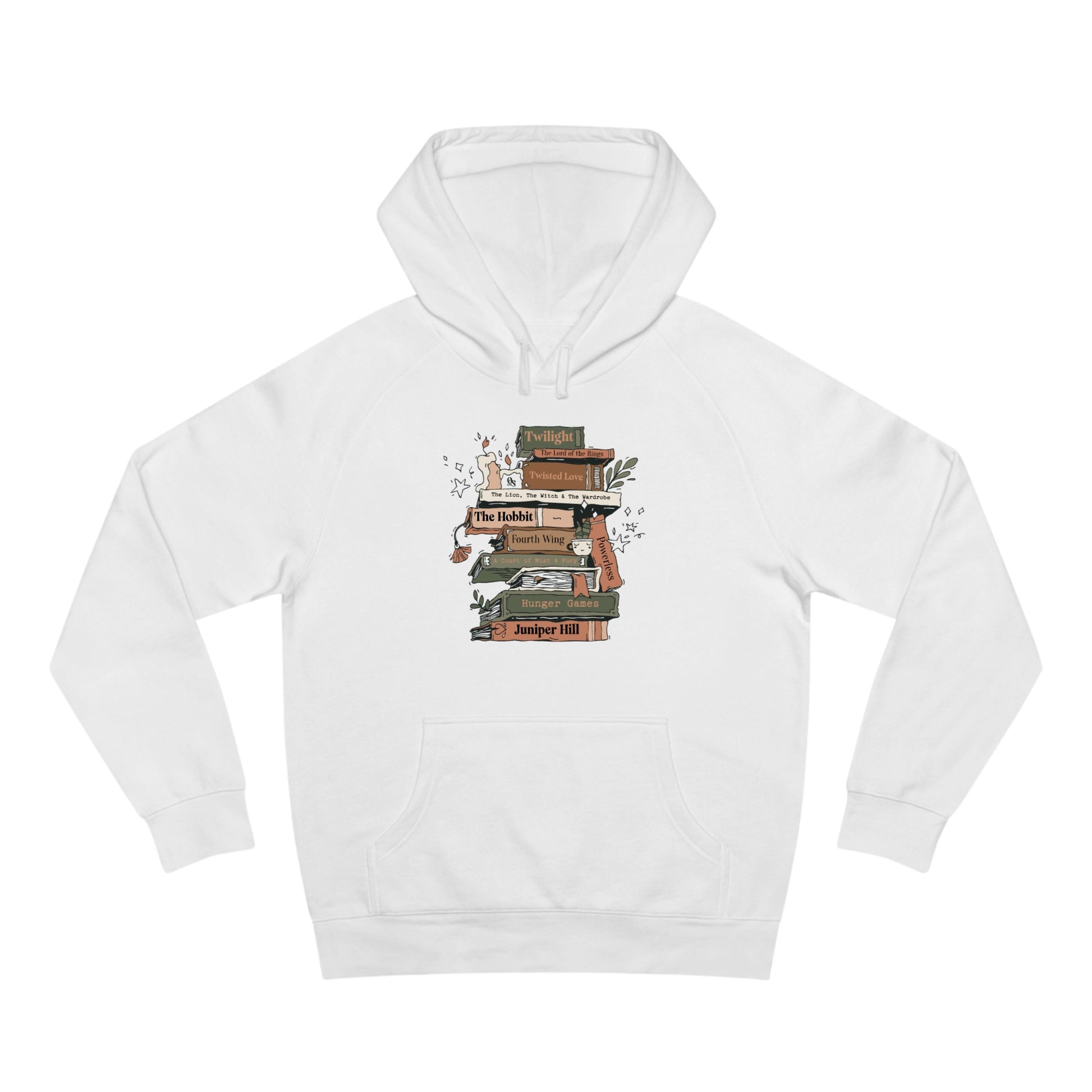 White hoodie with book design on a white background