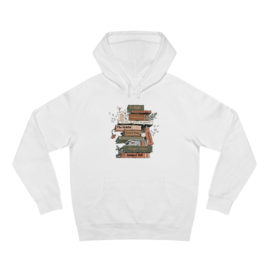 White hoodie with book design on a white background