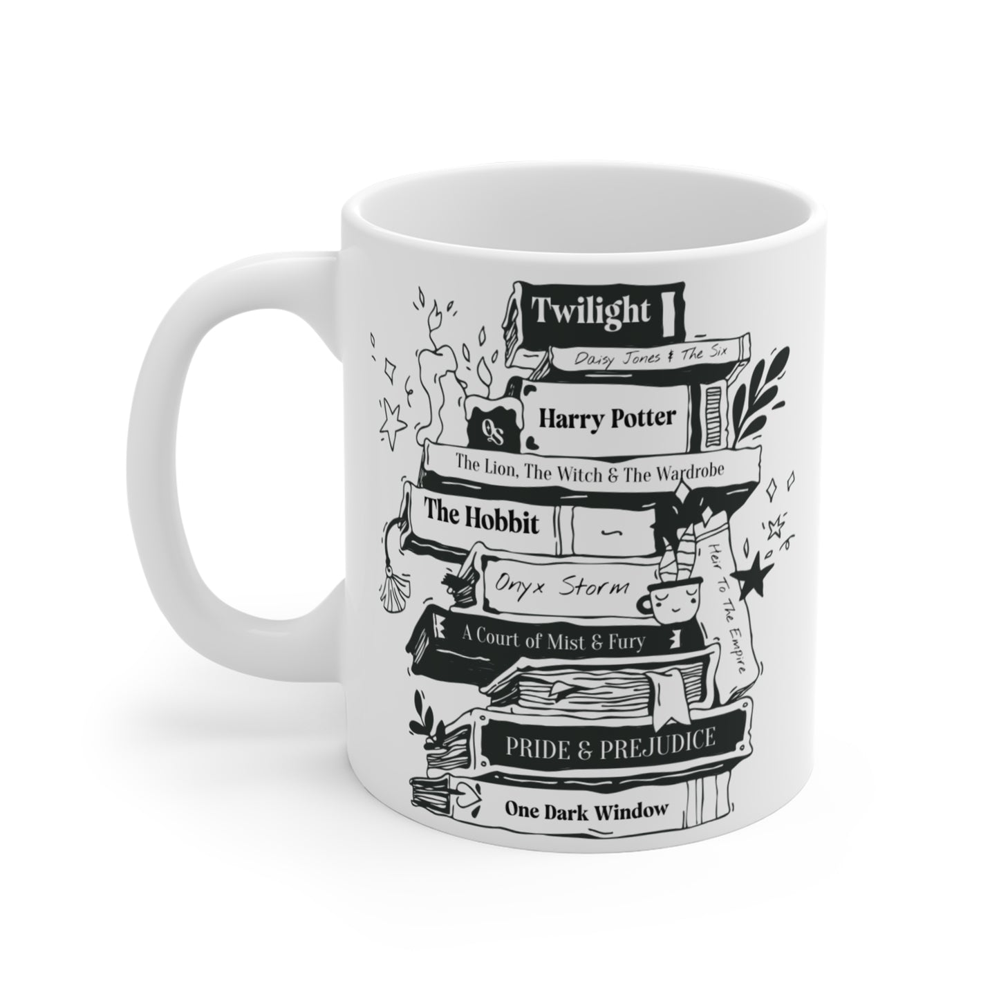 White mug with black book-themed design on a white background