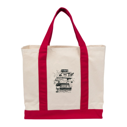 Tote bag with red straps and a graphic design on a white background