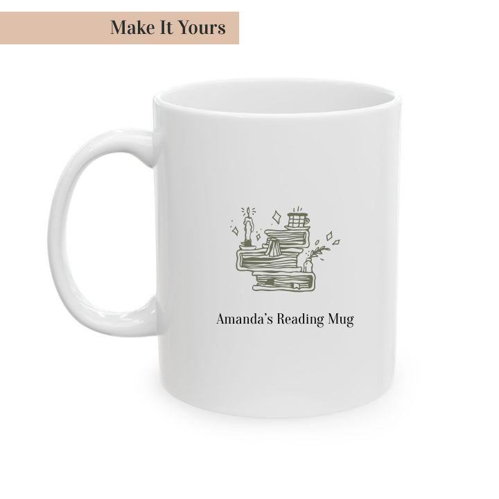 A white ceramic mug with a personalized name 'Amanda's Reading Mug' printed on the front, featuring a quiet shelf icon and book illustrations.