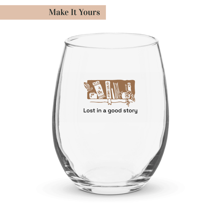 Clear glass with 'Lost in a good story' text and book illustration on a white background