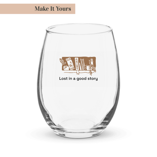 Clear glass with 'Lost in a good story' text and book illustration on a white background