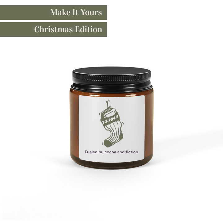 Jar with a black lid on a white background, featuring a Christmas stocking design and text.