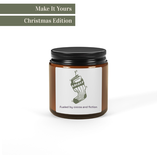 Jar with a black lid on a white background, featuring a Christmas stocking design and text.